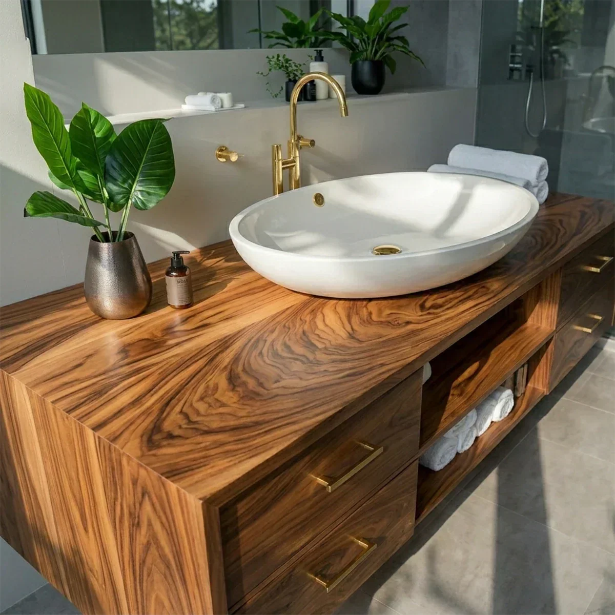 Floating Solid Wood Bathroom Vanity – Modern Vanity with Drawers and Open Shelf - Rustirawood