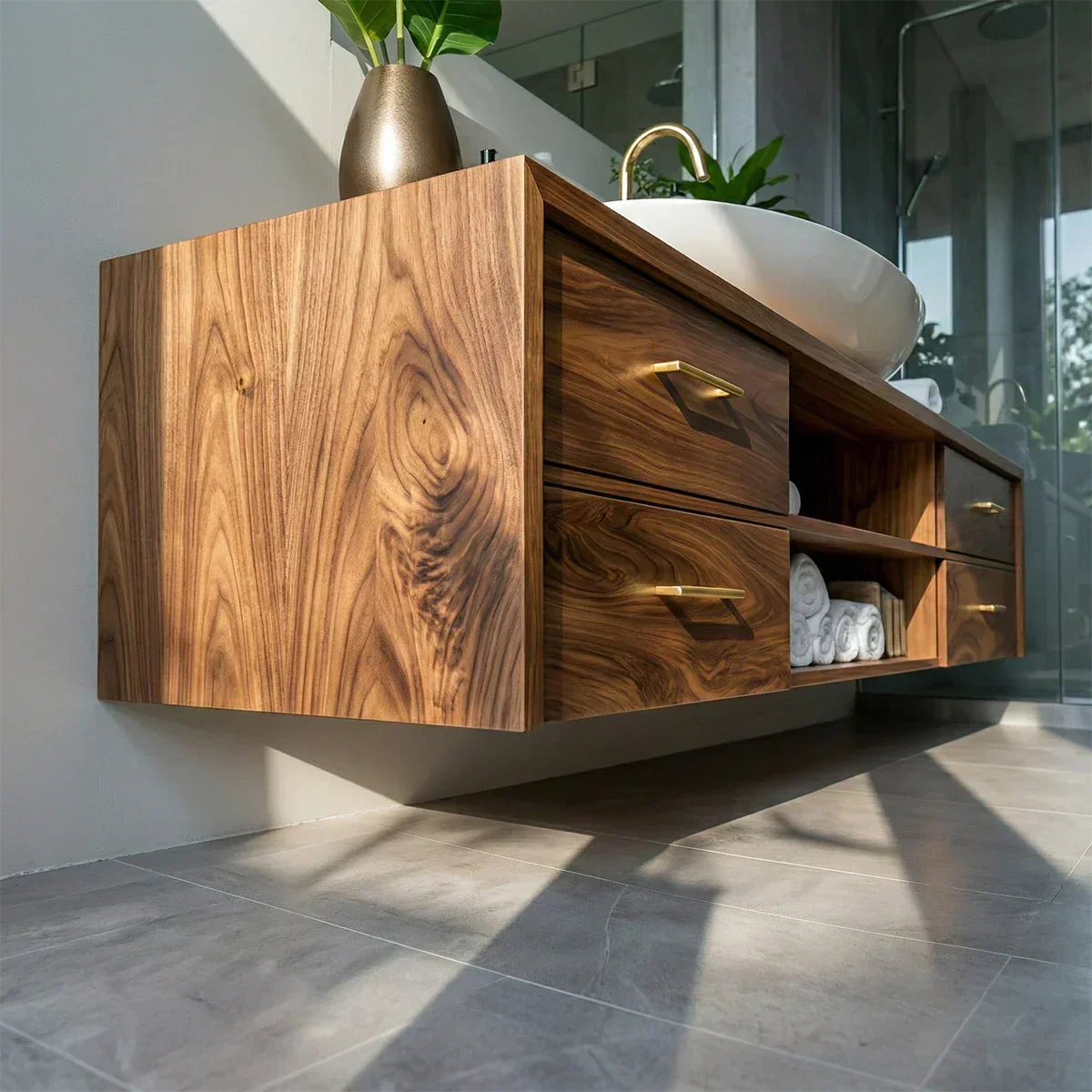 Floating Solid Wood Bathroom Vanity – Modern Vanity with Drawers and Open Shelf - Rustirawood
