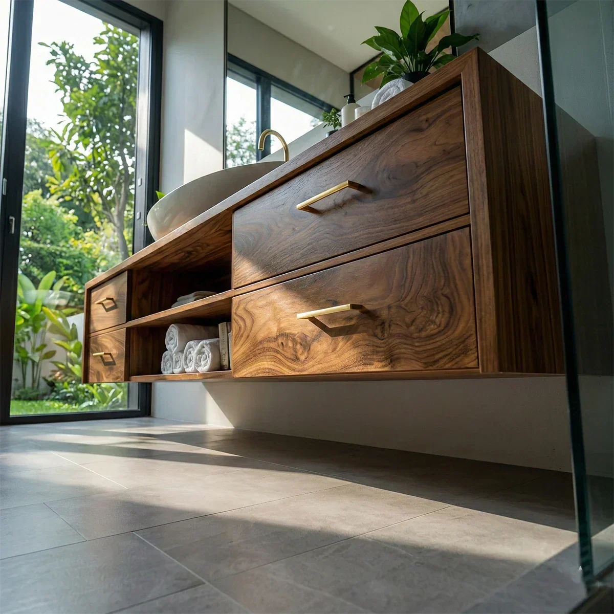 Floating Solid Wood Bathroom Vanity – Modern Vanity with Drawers and Open Shelf - Rustirawood