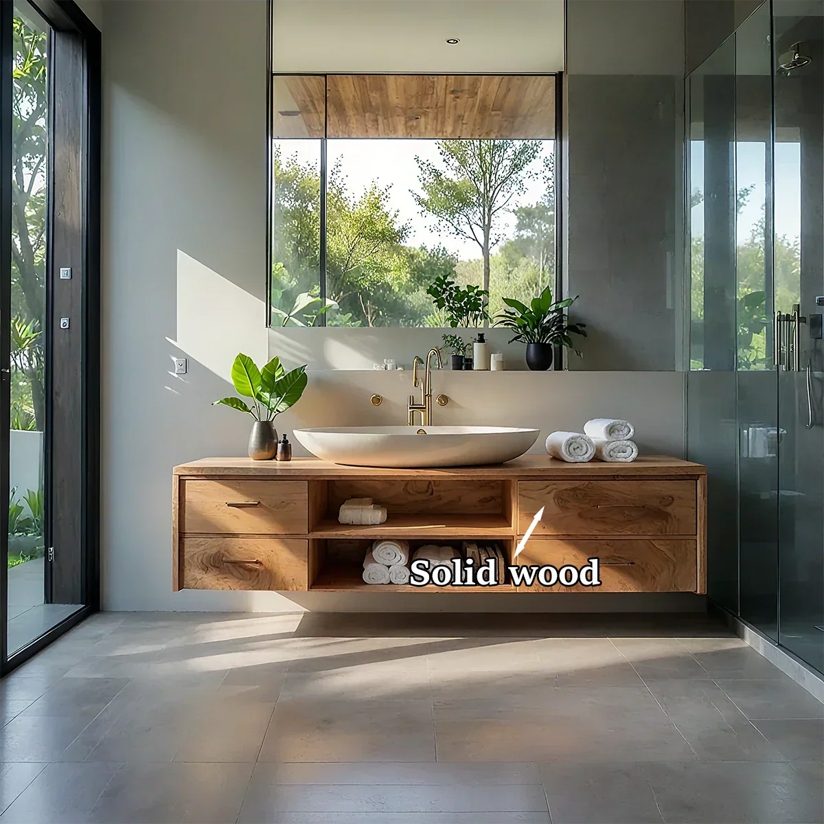 Floating Solid Wood Bathroom Vanity – Modern Vanity with Drawers and Open Shelf - Rustirawood