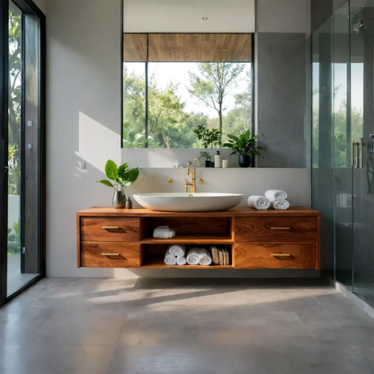 Floating Solid Wood Bathroom Vanity – Modern Vanity with Drawers and Open Shelf - Rustirawood