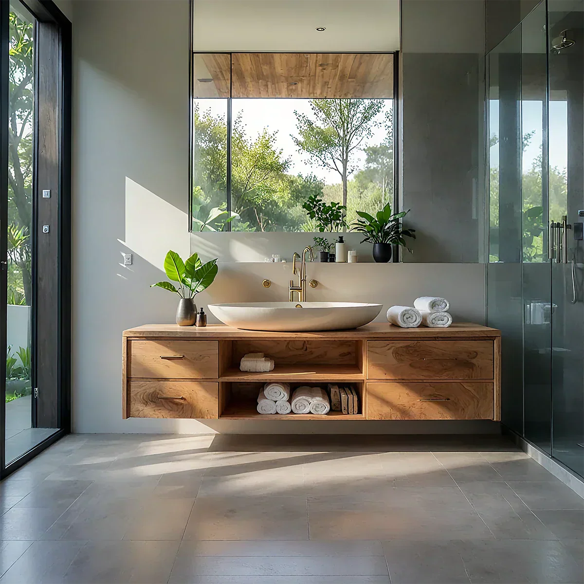 Floating Solid Wood Bathroom Vanity – Modern Vanity with Drawers and Open Shelf - Rustirawood