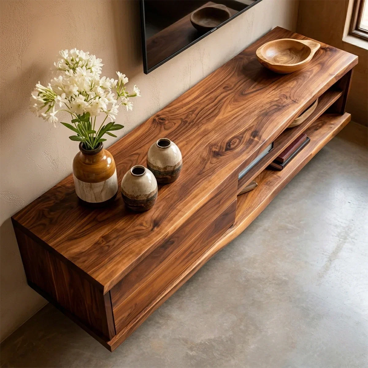 Floating Solid Wood TV Stand with Dual Shelf Storage and Clean Modern Form - Rustirawood