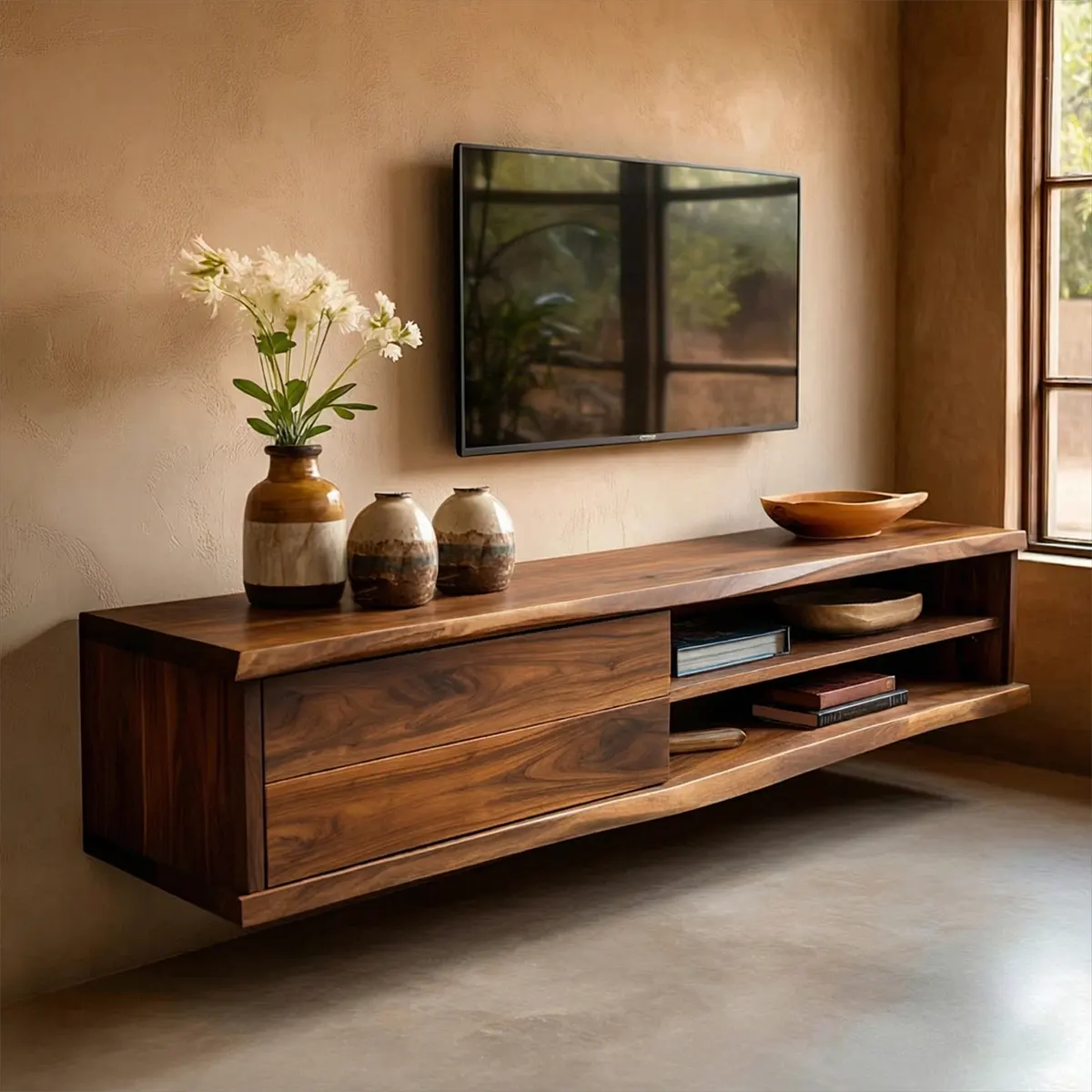 Floating Solid Wood TV Stand with Dual Shelf Storage and Clean Modern Form - Rustirawood