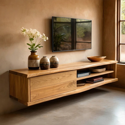 Floating Solid Wood TV Stand with Dual Shelf Storage and Clean Modern Form - Rustirawood