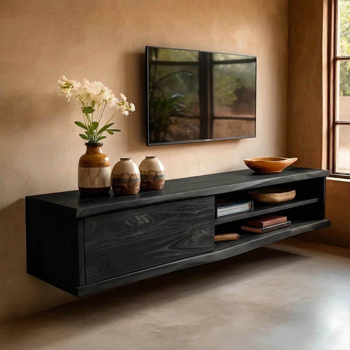 Floating Solid Wood TV Stand with Dual Shelf Storage and Clean Modern Form - Rustirawood