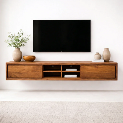 Floating Solid Wood TV Stand with Open Shelving Minimalist Media Console - Rustirawood