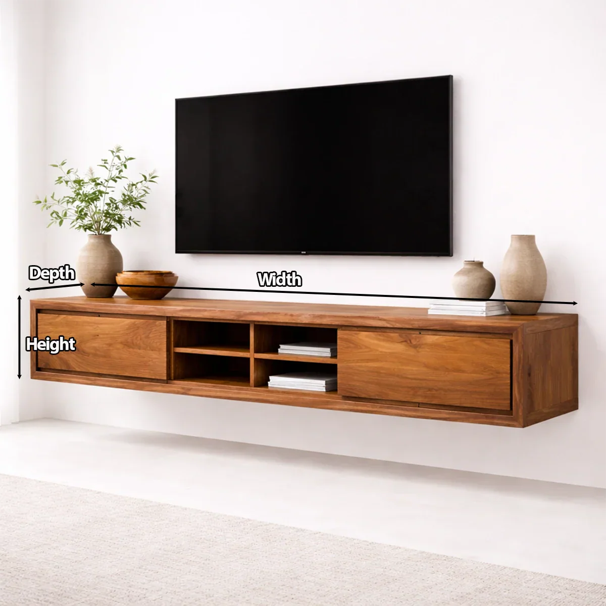 Floating Solid Wood TV Stand with Open Shelving Minimalist Media Console - Rustirawood