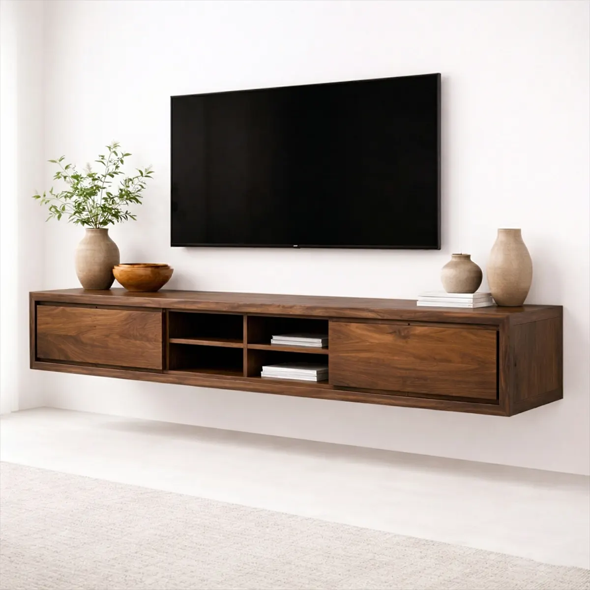Floating Solid Wood TV Stand with Open Shelving Minimalist Media Console - Rustirawood