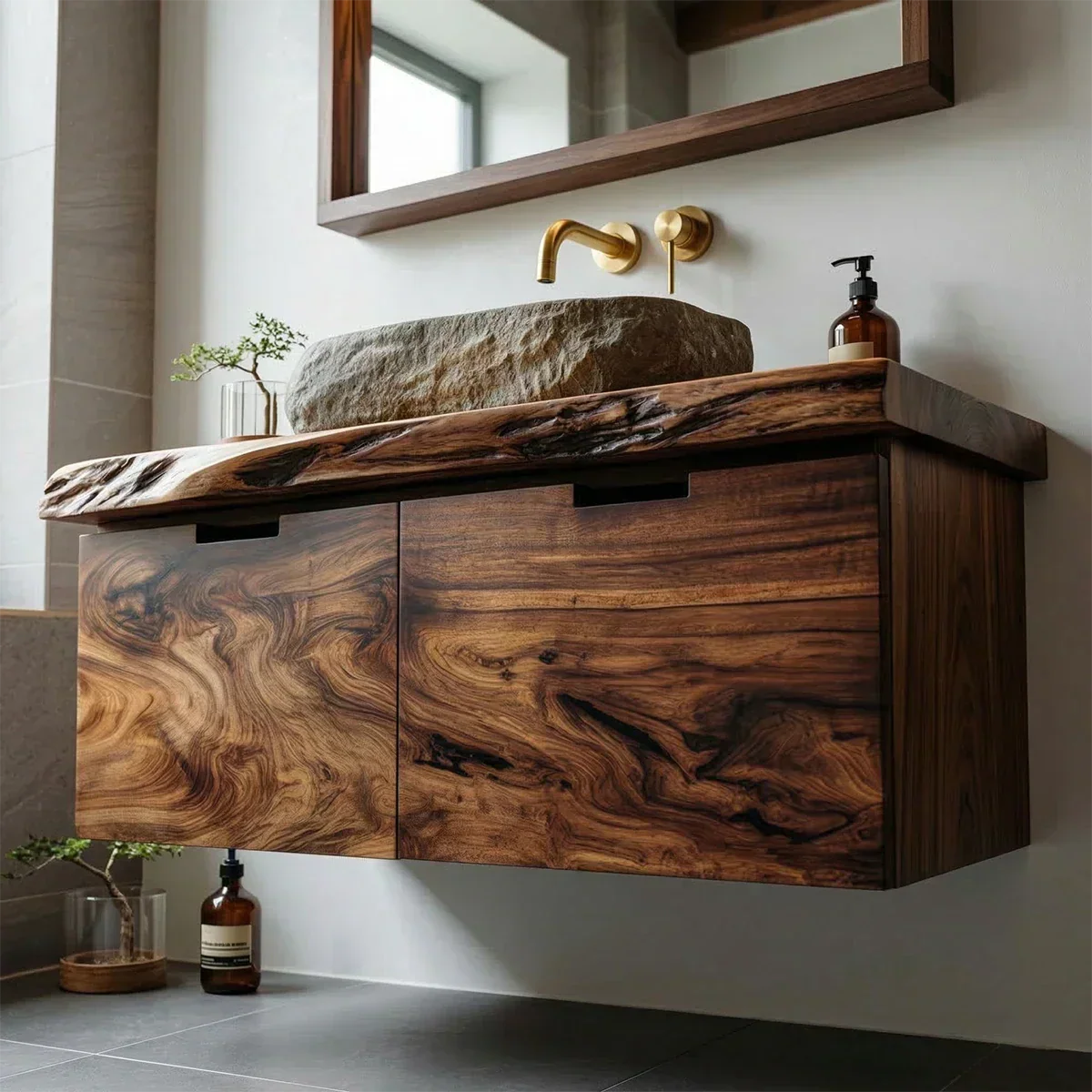 Floating Traditional Bathroom Vanity Cabinet in Natural Solid Wood - Rustirawood