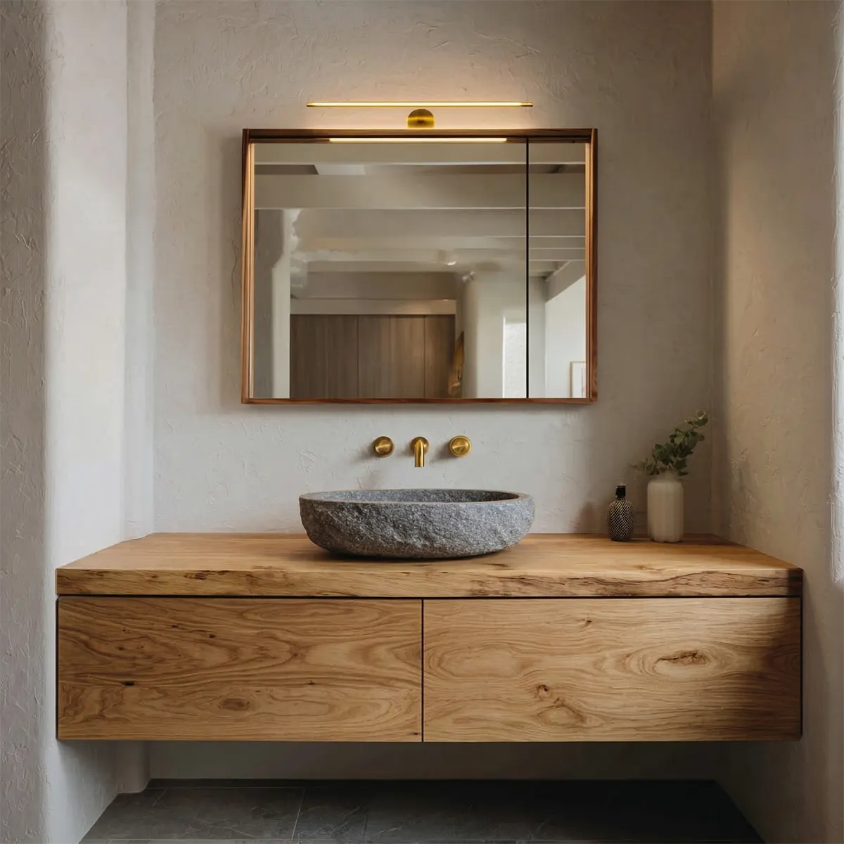 Floating Traditional Bathroom Vanity Cabinet in Natural Solid Wood - Rustirawood