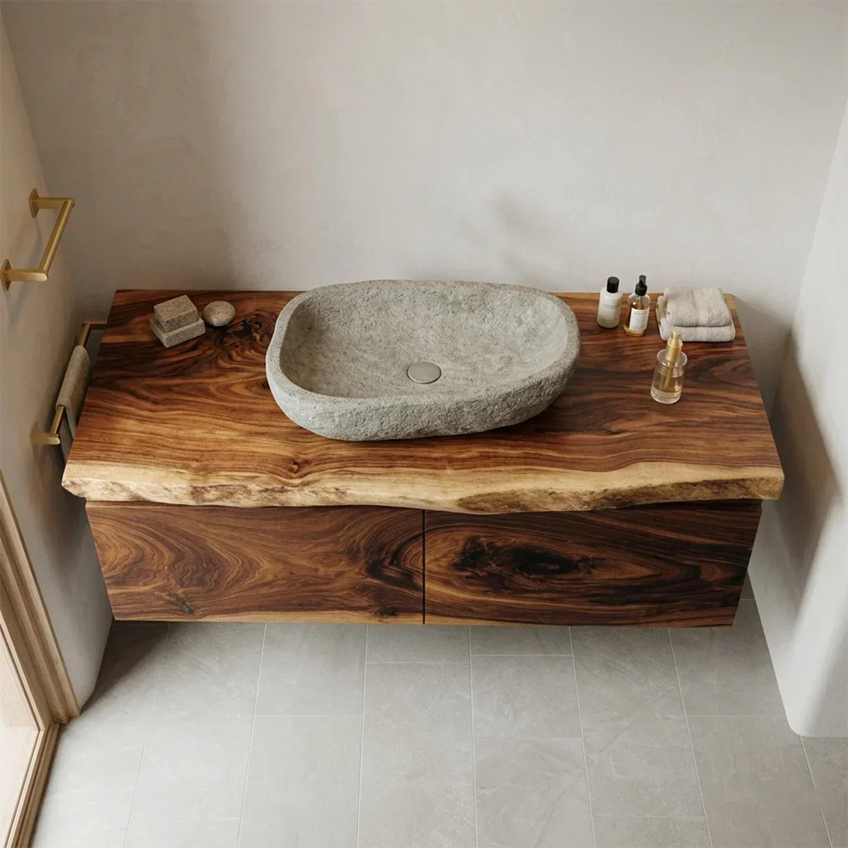 Floating Traditional Bathroom Vanity Cabinet in Natural Solid Wood - Rustirawood