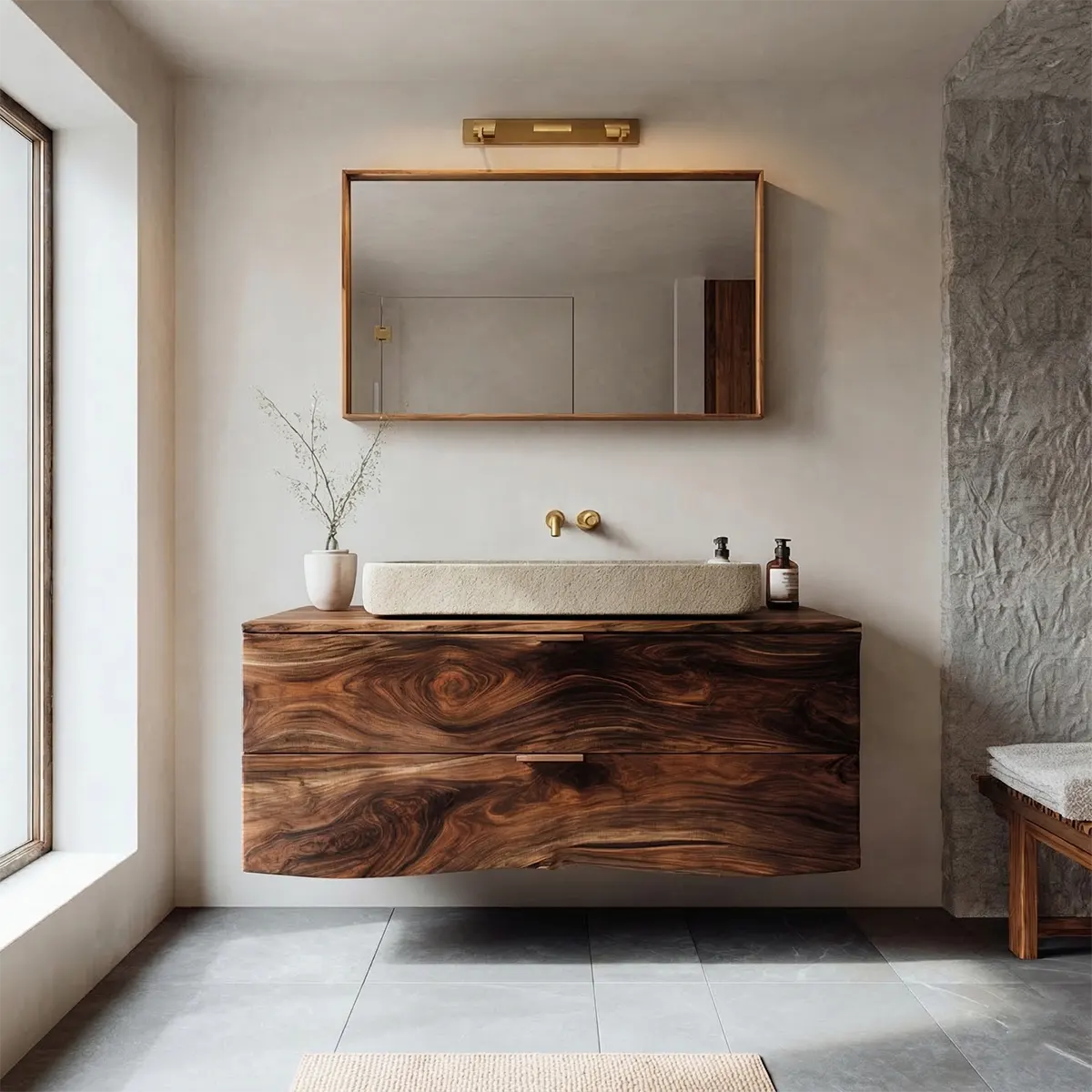 Floating Traditional Bathroom Vanity Cabinet in Natural Solid Wood - Rustirawood