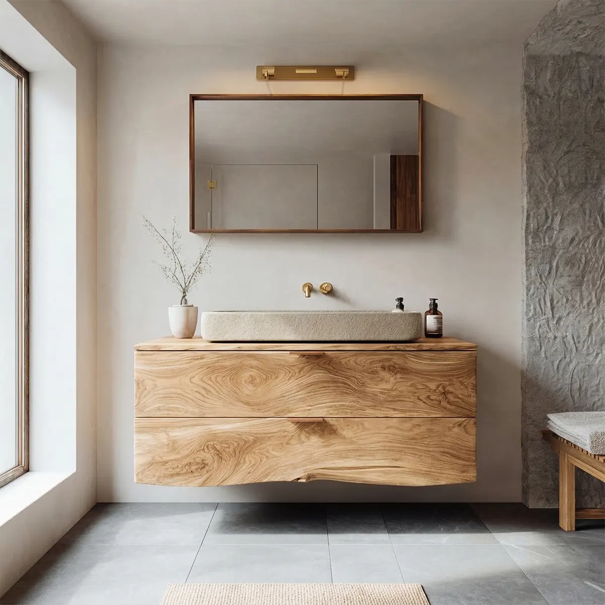 Floating Traditional Bathroom Vanity Cabinet in Natural Solid Wood - Rustirawood