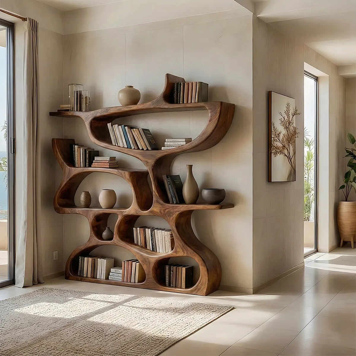 Flow Solid Wood Bookshelf – Sculpted Form Edition - Rustirawood