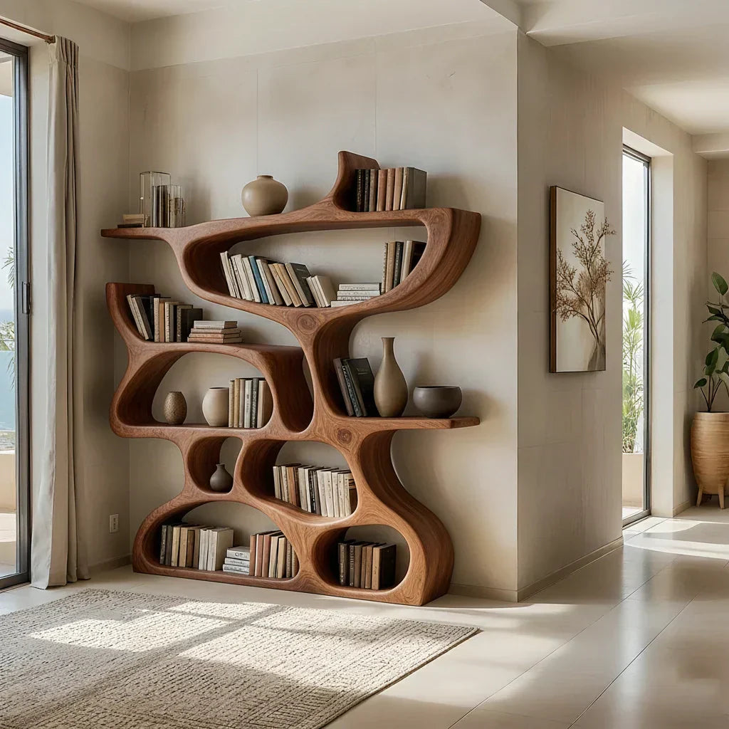Flow Solid Wood Bookshelf – Sculpted Form Edition - Rustirawood