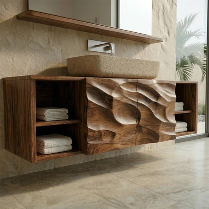 Hand Carved Natural Solid Wood Traditional Bathroom Vanity Cabinet - Rustirawood