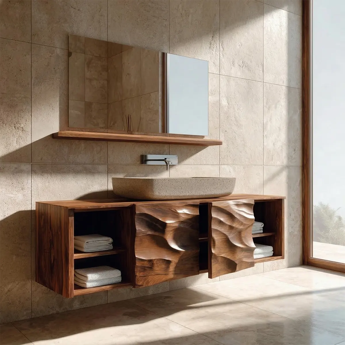 Hand Carved Natural Solid Wood Traditional Bathroom Vanity Cabinet - Rustirawood