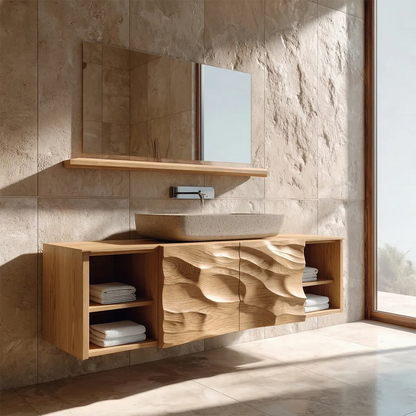 Hand Carved Natural Solid Wood Traditional Bathroom Vanity Cabinet - Rustirawood