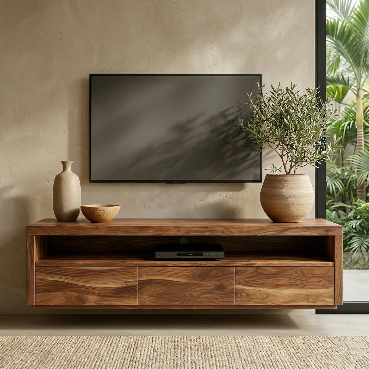 Handcrafted Floating Solid Wood TV Stand with Clean Lines and Hidden Storage Drawers - Rustirawood