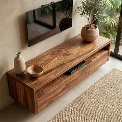 Handcrafted Floating Solid Wood TV Stand with Clean Lines and Hidden Storage Drawers - Rustirawood