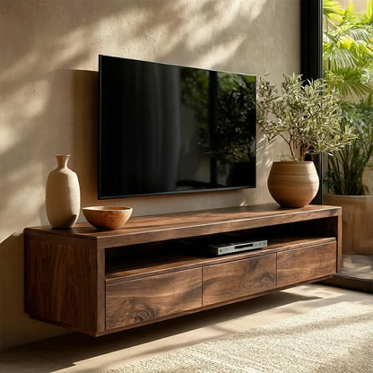 Handcrafted Floating Solid Wood TV Stand with Clean Lines and Hidden Storage Drawers - Rustirawood