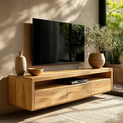 Handcrafted Floating Solid Wood TV Stand with Clean Lines and Hidden Storage Drawers - Rustirawood