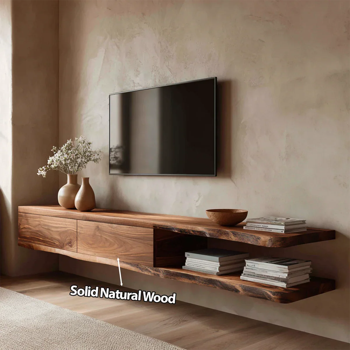 Handcrafted Floating Solid Wood TV Stand with Live Edge Shelves and Layered Storage - Rustirawood