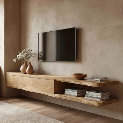 Handcrafted Floating Solid Wood TV Stand with Live Edge Shelves and Layered Storage - Rustirawood