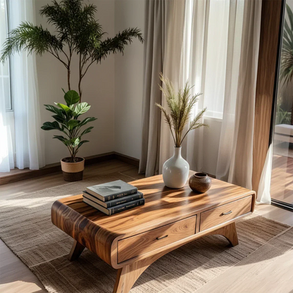 Handcrafted Mid-Century Natural Solid Wood Coffee Table with Storage - Rustirawood