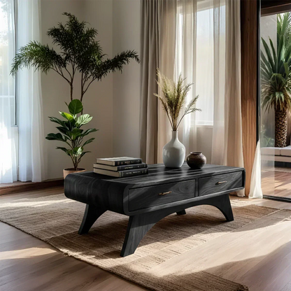 Handcrafted Mid-Century Natural Solid Wood Coffee Table with Storage - Rustirawood