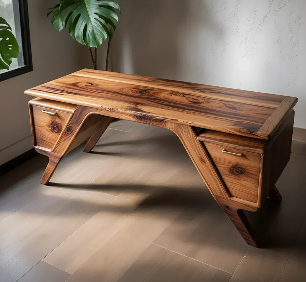 Handcrafted Natural Solid Wood Desk — Modern Angular Design - Rustirawood