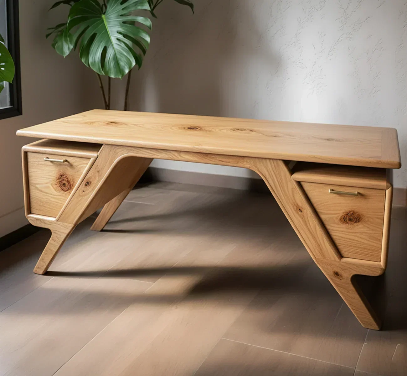 Handcrafted Natural Solid Wood Desk — Modern Angular Design - Rustirawood