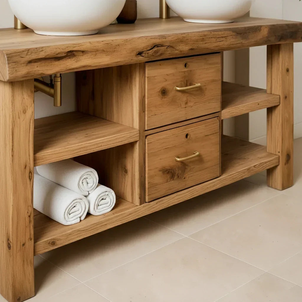 Handcrafted Natural Solid Wood Double-Sink Bathroom Vanity - Rustirawood