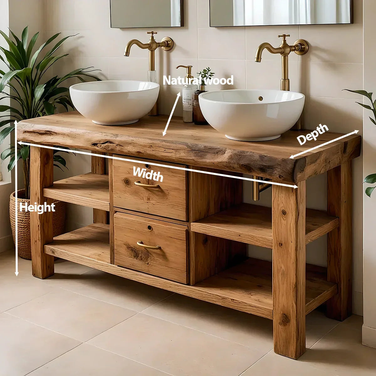 Handcrafted Natural Solid Wood Double-Sink Bathroom Vanity - Rustirawood