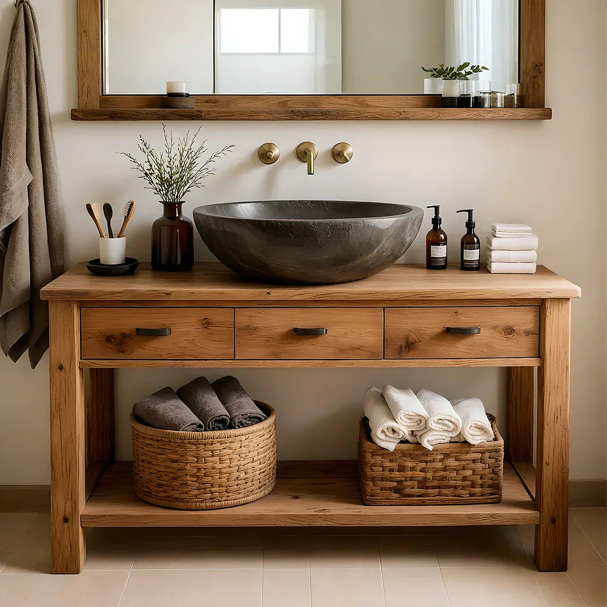 Handcrafted Natural Solid Wood Open-Shelf Bathroom Vanity - Rustirawood