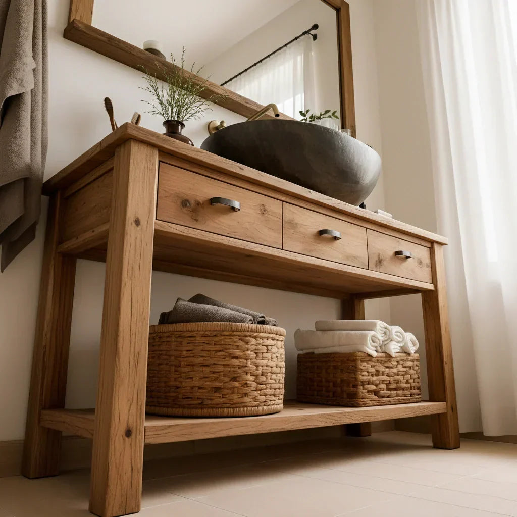 Handcrafted Natural Solid Wood Open-Shelf Bathroom Vanity - Rustirawood