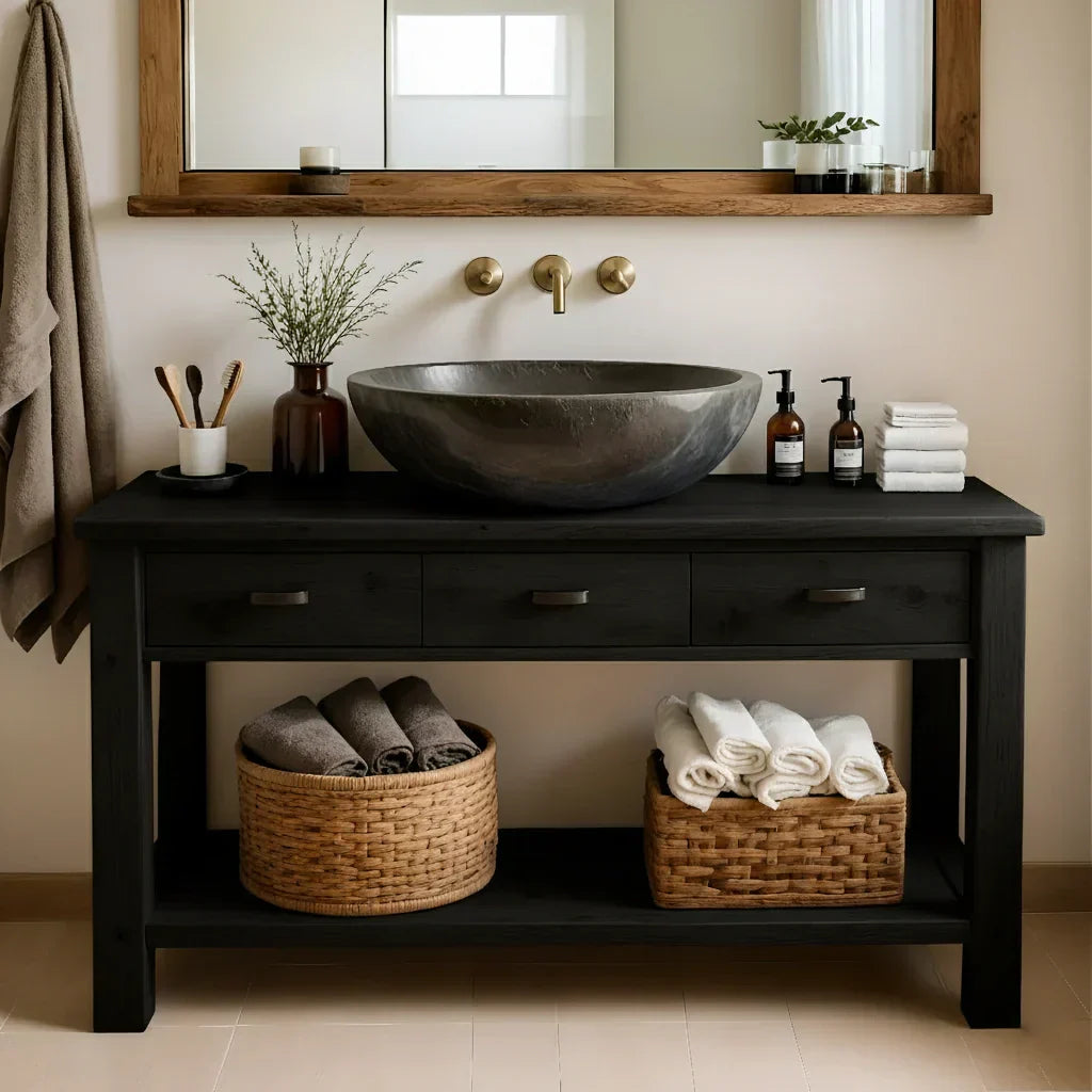 Handcrafted Natural Solid Wood Open-Shelf Bathroom Vanity - Rustirawood
