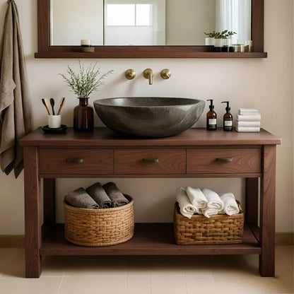 Handcrafted Natural Solid Wood Open-Shelf Bathroom Vanity - Rustirawood