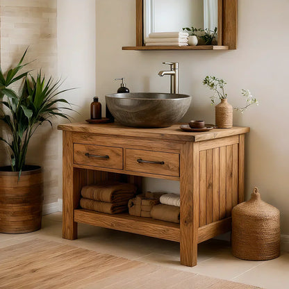 Handcrafted Natural Wood Bathroom Vanity with Drawers & Open Shelf - Rustirawood