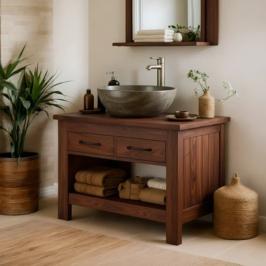 Handcrafted Natural Wood Bathroom Vanity with Drawers & Open Shelf - Rustirawood