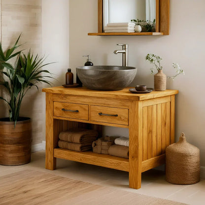 Handcrafted Natural Wood Bathroom Vanity with Drawers & Open Shelf - Rustirawood
