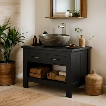 Handcrafted Natural Wood Bathroom Vanity with Drawers & Open Shelf - Rustirawood