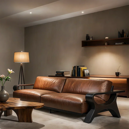 Handcrafted Solid Wood Leather Sofa – Modern Rustic Elegance - Rustirawood