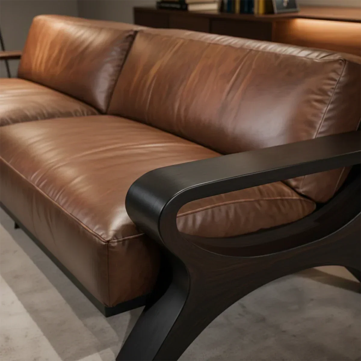Handcrafted Solid Wood Leather Sofa – Modern Rustic Elegance - Rustirawood