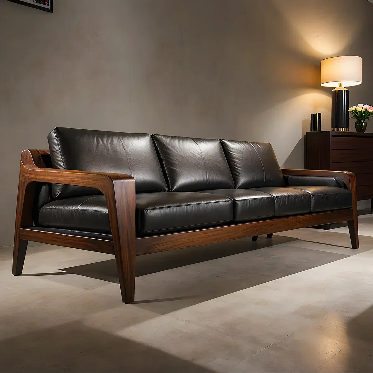 Handcrafted Solid Wood Leather Sofa – Premium Modern Elegance - Rustirawood
