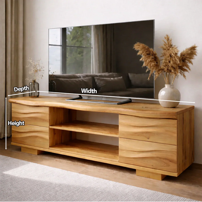 Handcrafted Solid Wood TV Stand with Double Drawer Storage and Open Center Shelves - Rustirawood