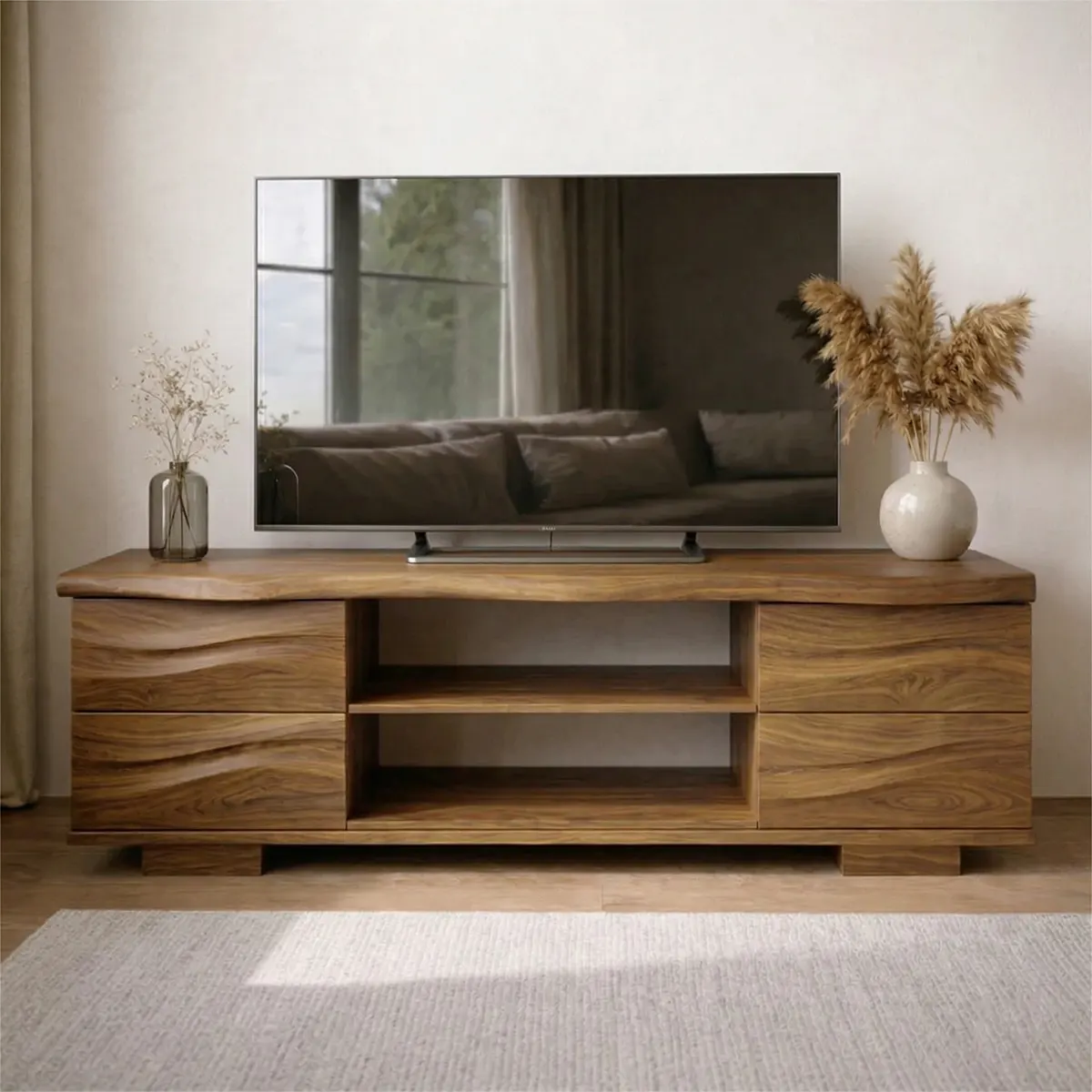 Handcrafted Solid Wood TV Stand with Double Drawer Storage and Open Center Shelves - Rustirawood