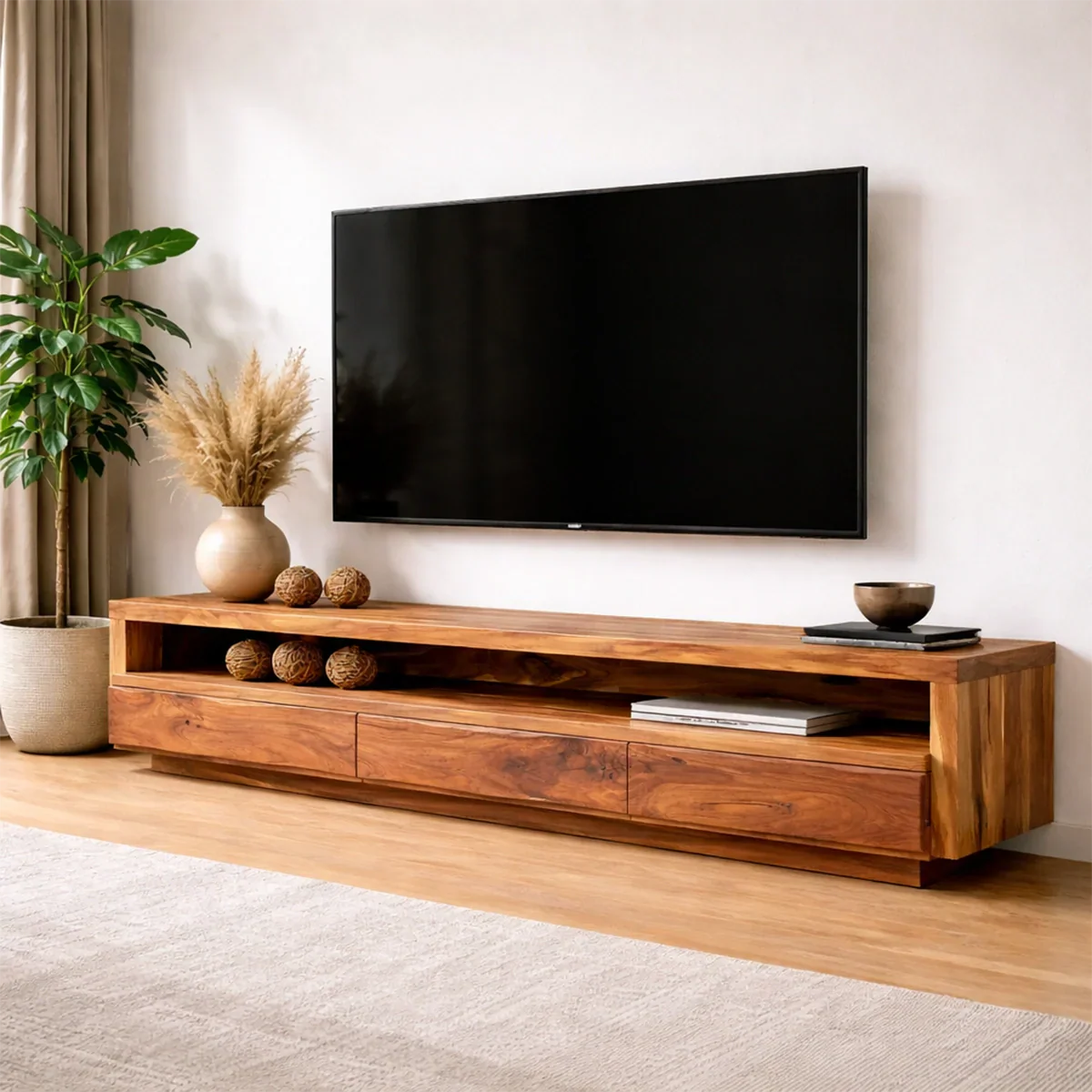 Handcrafted Solid Wood TV Stand with Full-Length Open Shelf and Hidden Drawer Storage - Rustirawood