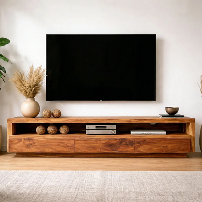 Handcrafted Solid Wood TV Stand with Full-Length Open Shelf and Hidden Drawer Storage - Rustirawood